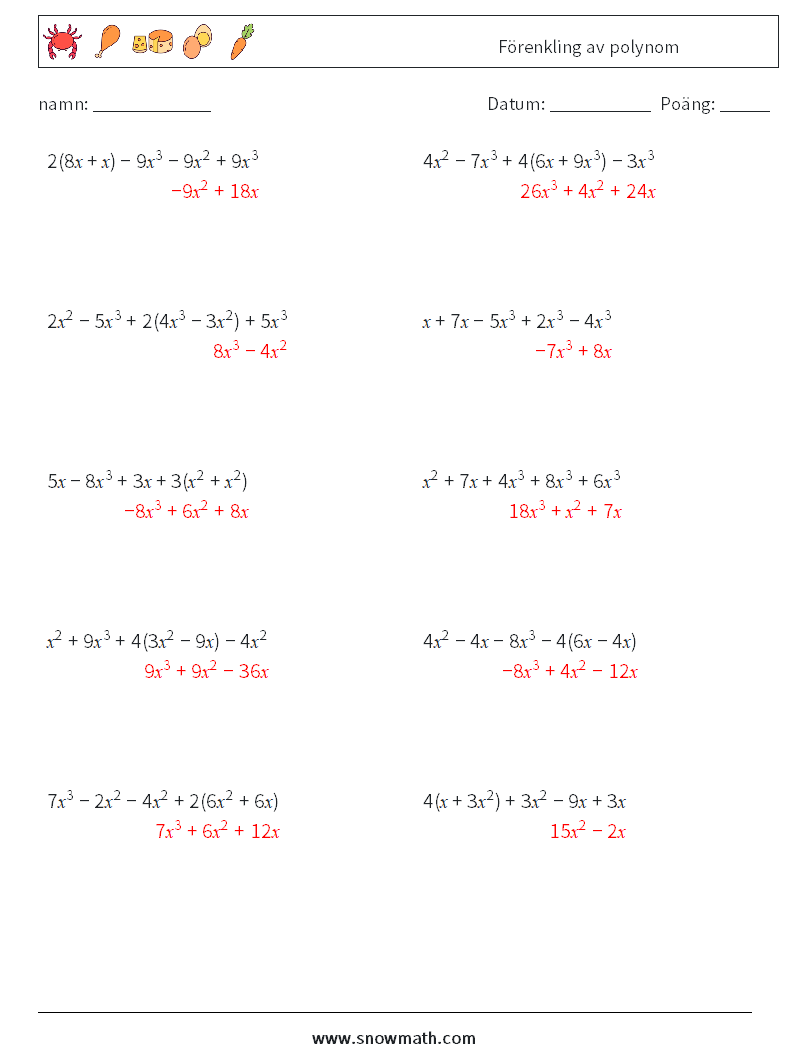 Förenkling av polynom Matematiska arbetsblad 4 Fråga, svar