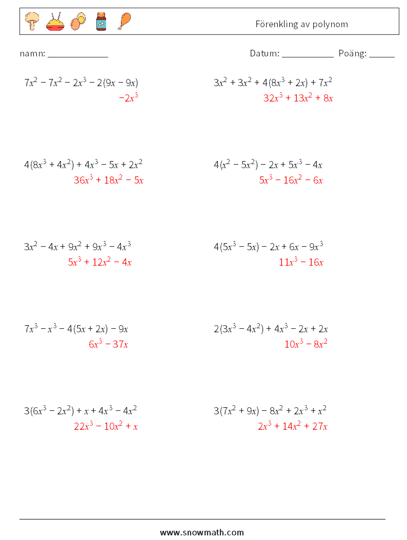 Förenkling av polynom Matematiska arbetsblad 5 Fråga, svar