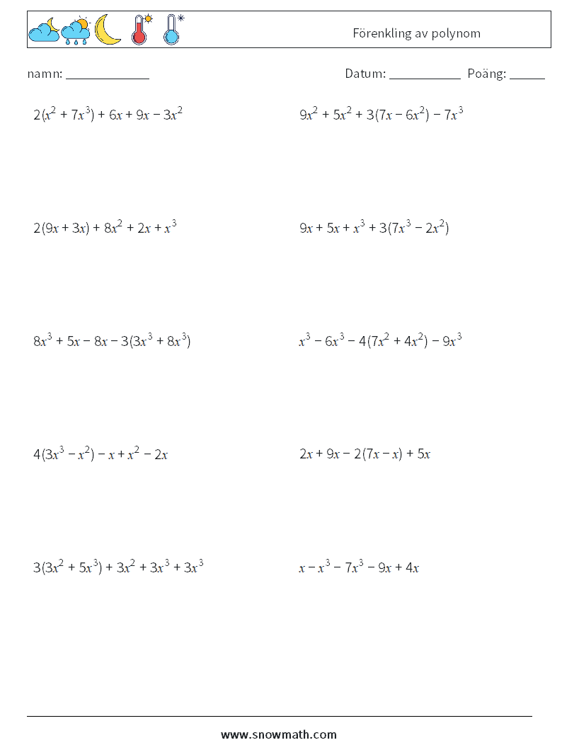 Förenkling av polynom Matematiska arbetsblad 7