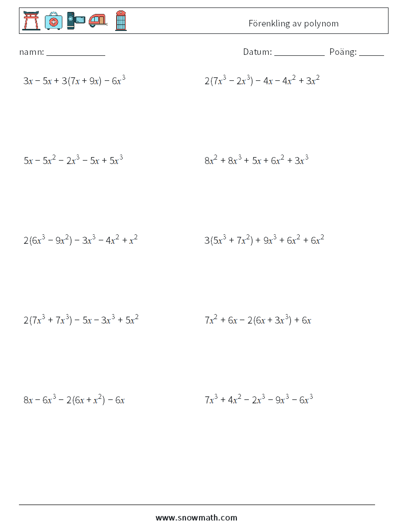 Förenkling av polynom Matematiska arbetsblad 8