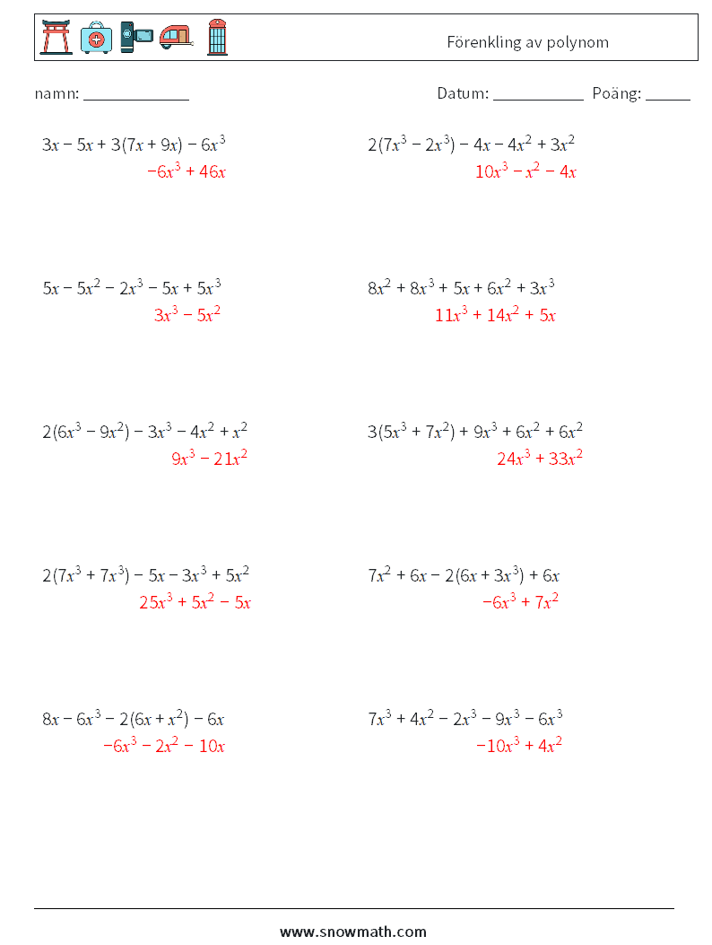 Förenkling av polynom Matematiska arbetsblad 8 Fråga, svar