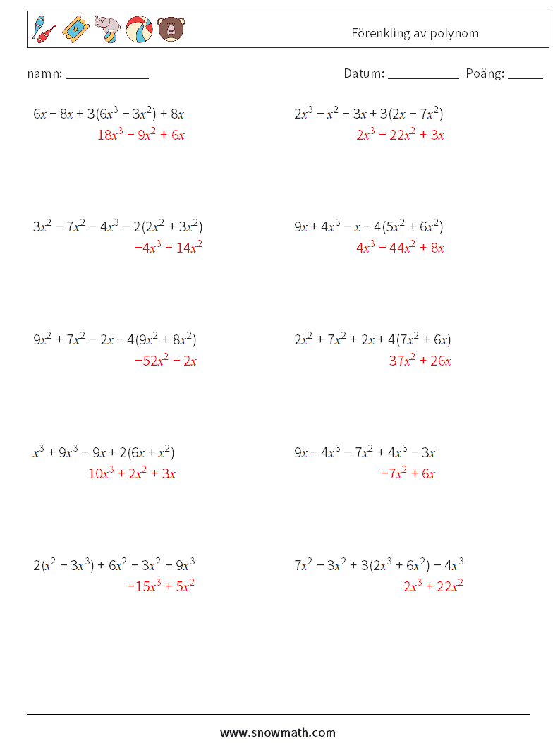 Förenkling av polynom Matematiska arbetsblad 9 Fråga, svar