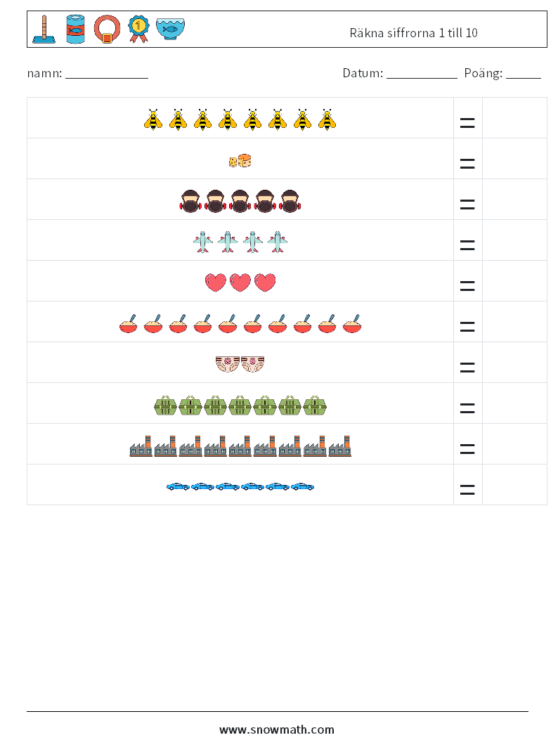 Räkna siffrorna 1 till 10 Matematiska arbetsblad 1