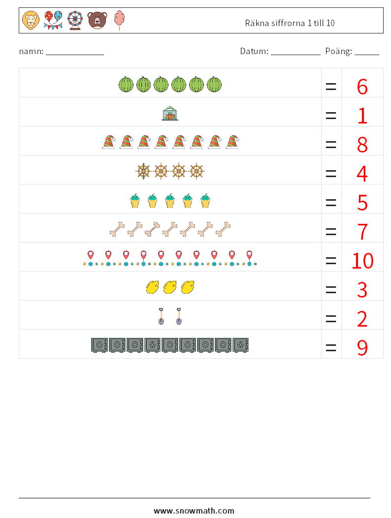 Räkna siffrorna 1 till 10 Matematiska arbetsblad 10 Fråga, svar