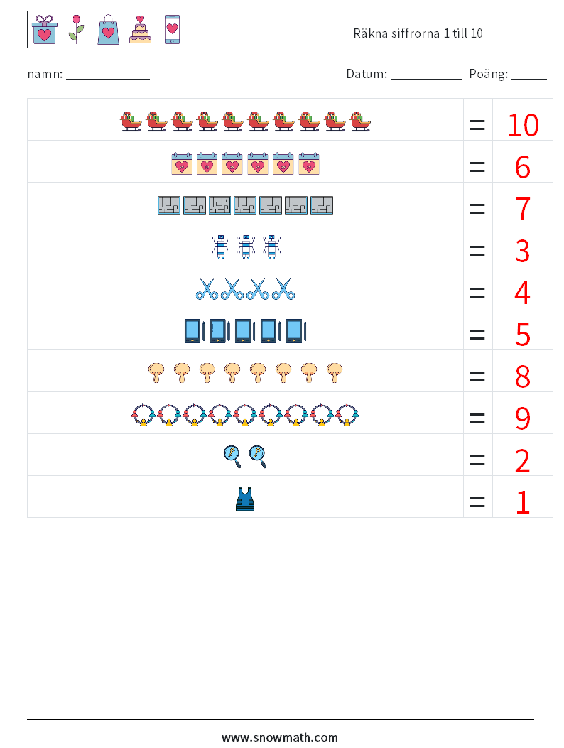 Räkna siffrorna 1 till 10 Matematiska arbetsblad 16 Fråga, svar