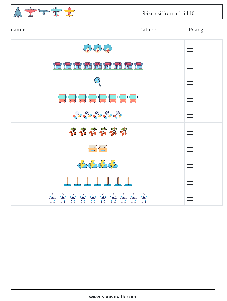 Räkna siffrorna 1 till 10 Matematiska arbetsblad 17