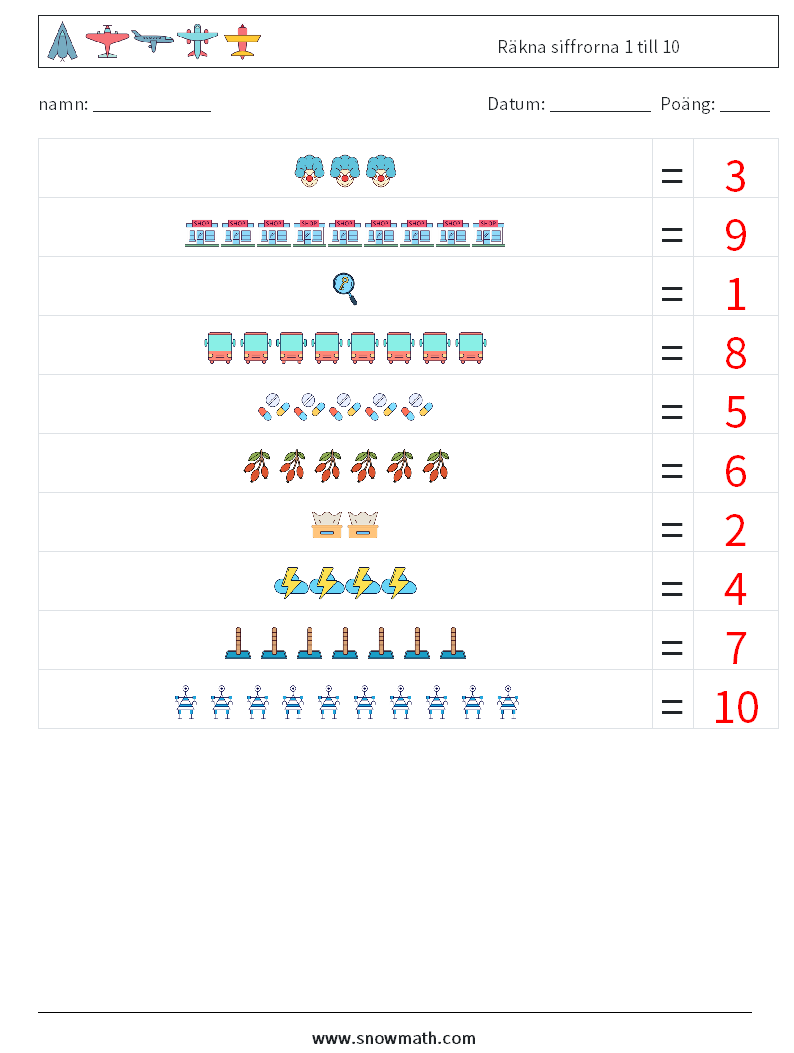 Räkna siffrorna 1 till 10 Matematiska arbetsblad 17 Fråga, svar