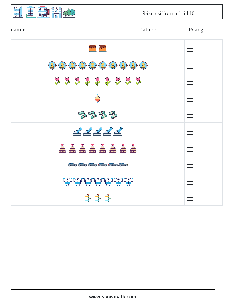 Räkna siffrorna 1 till 10 Matematiska arbetsblad 18