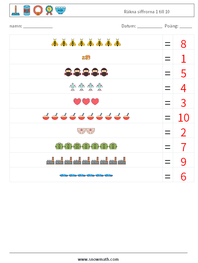 Räkna siffrorna 1 till 10 Matematiska arbetsblad 1 Fråga, svar