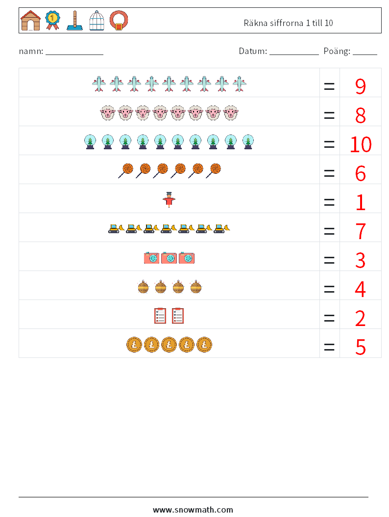 Räkna siffrorna 1 till 10 Matematiska arbetsblad 2 Fråga, svar