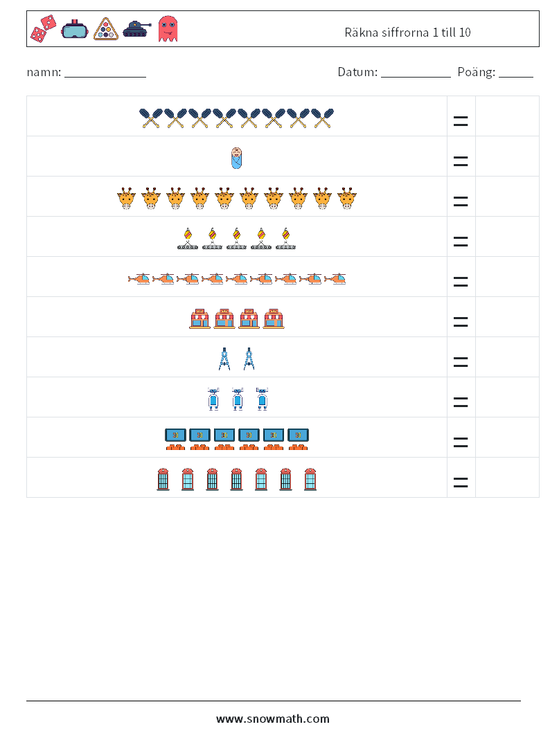 Räkna siffrorna 1 till 10 Matematiska arbetsblad 5