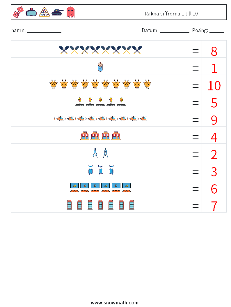 Räkna siffrorna 1 till 10 Matematiska arbetsblad 5 Fråga, svar