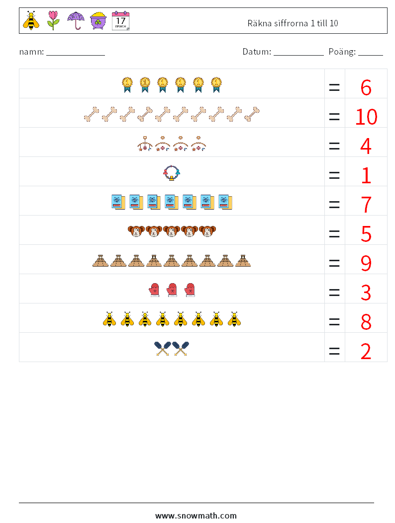 Räkna siffrorna 1 till 10 Matematiska arbetsblad 6 Fråga, svar