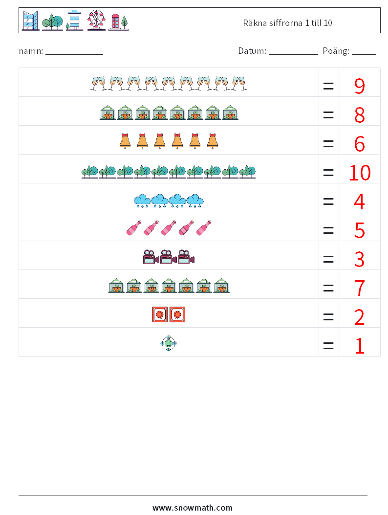 Räkna siffrorna 1 till 10 Matematiska arbetsblad 7 Fråga, svar