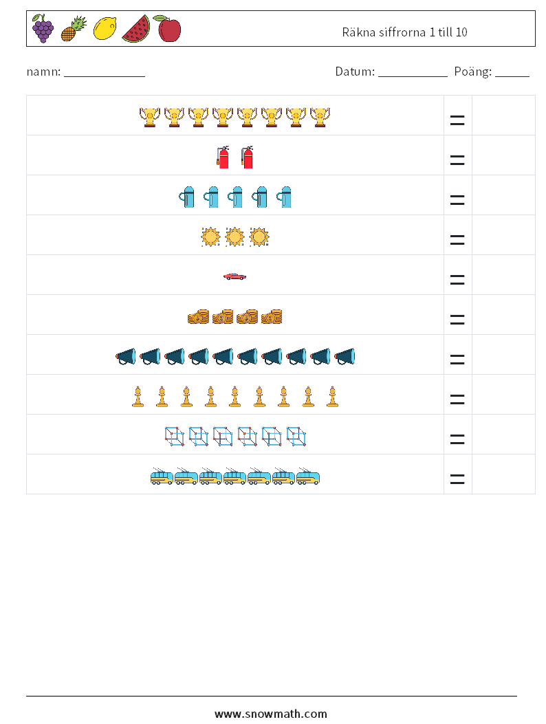 Räkna siffrorna 1 till 10 Matematiska arbetsblad 8