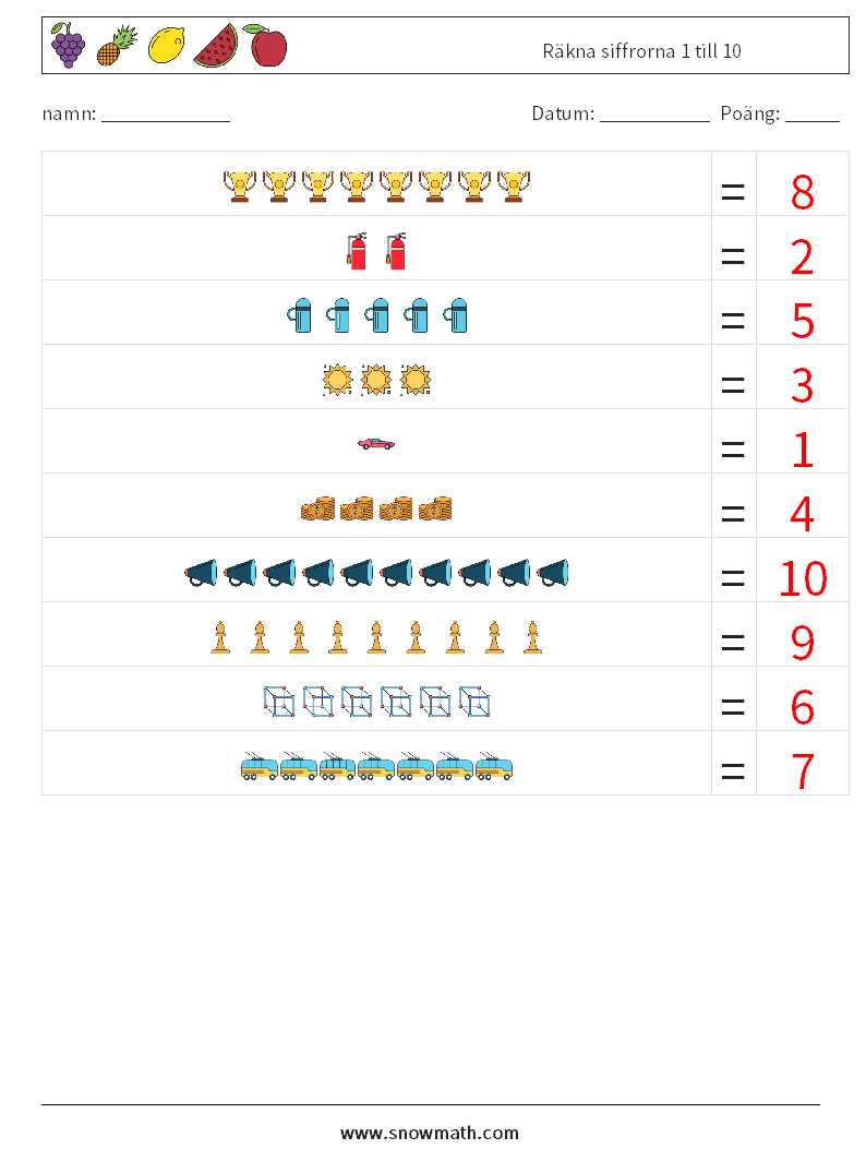 Räkna siffrorna 1 till 10 Matematiska arbetsblad 8 Fråga, svar