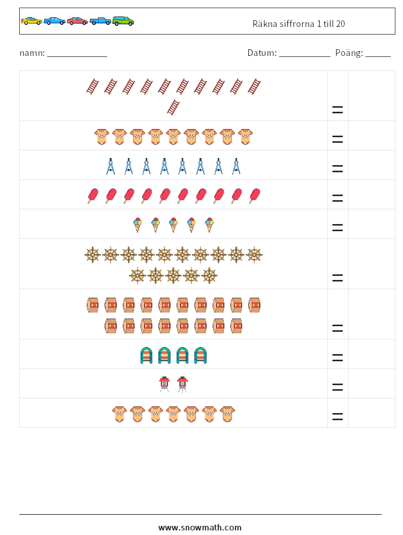 Räkna siffrorna 1 till 20 Matematiska arbetsblad 1