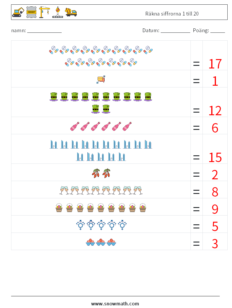 Räkna siffrorna 1 till 20 Matematiska arbetsblad 10 Fråga, svar