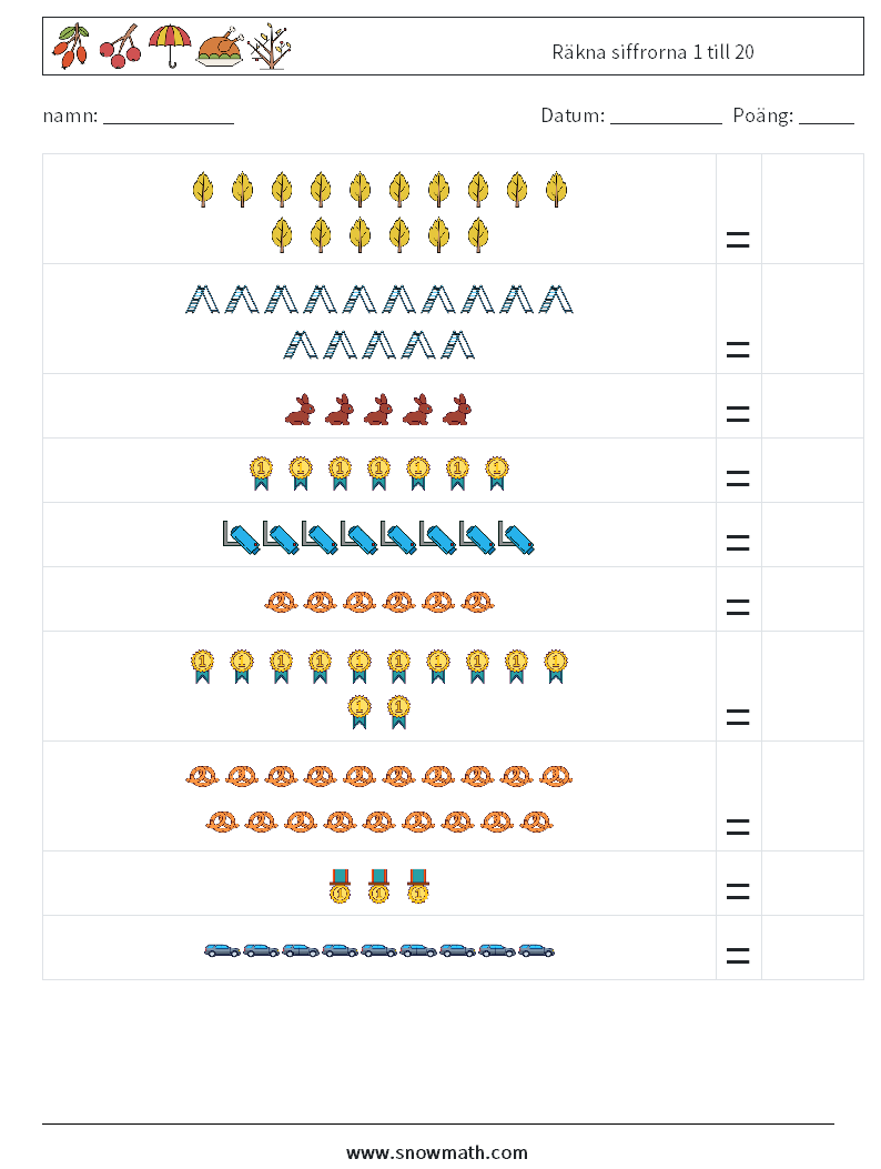 Räkna siffrorna 1 till 20 Matematiska arbetsblad 11