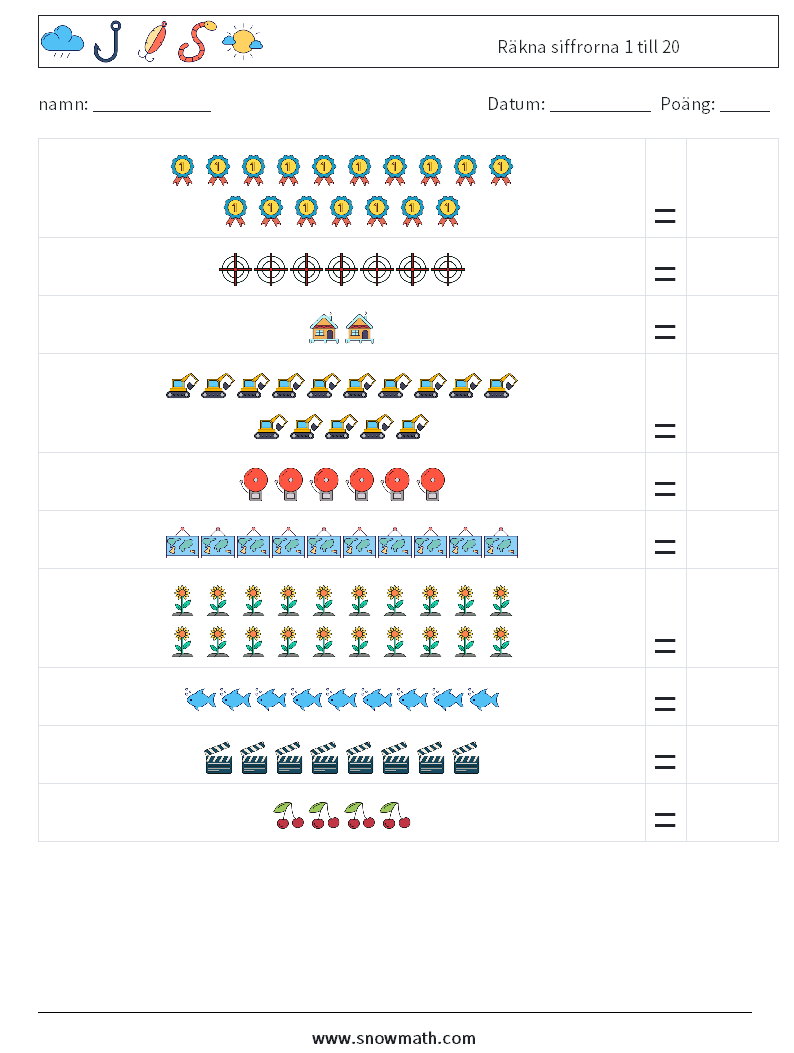 Räkna siffrorna 1 till 20 Matematiska arbetsblad 13