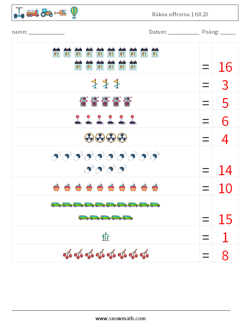 Räkna siffrorna 1 till 20 Matematiska arbetsblad 14 Fråga, svar