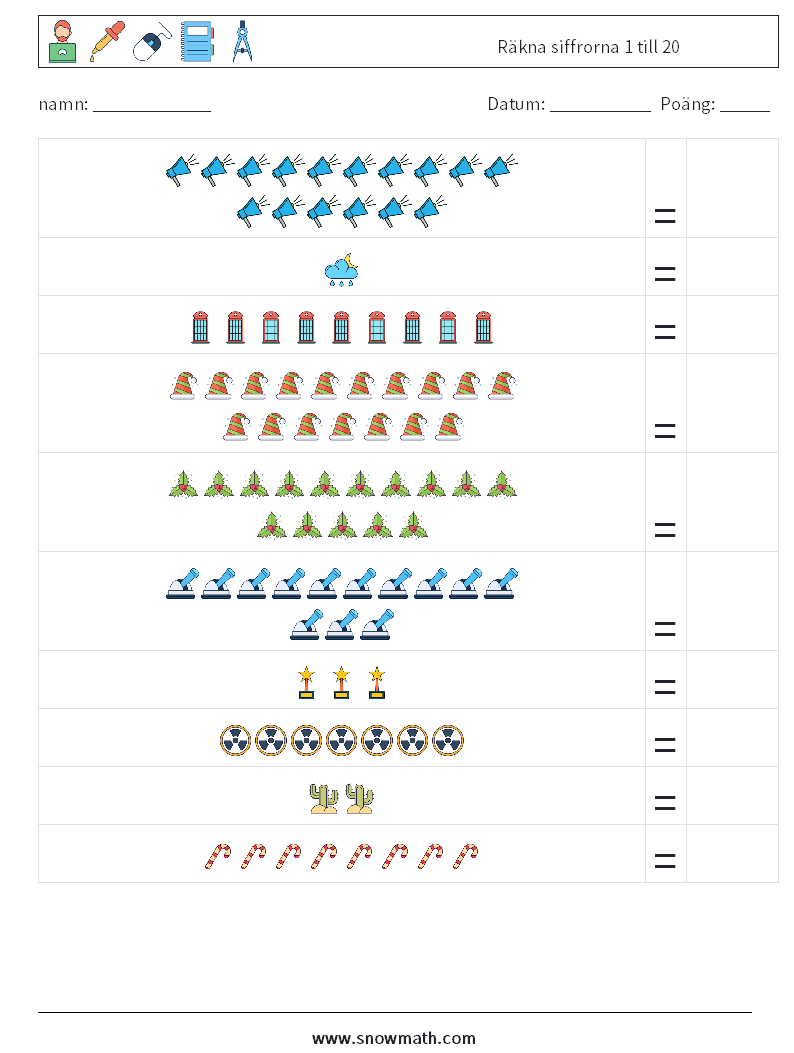 Räkna siffrorna 1 till 20 Matematiska arbetsblad 15