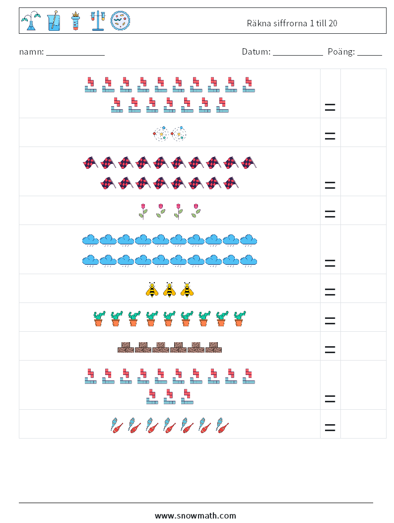 Räkna siffrorna 1 till 20 Matematiska arbetsblad 17