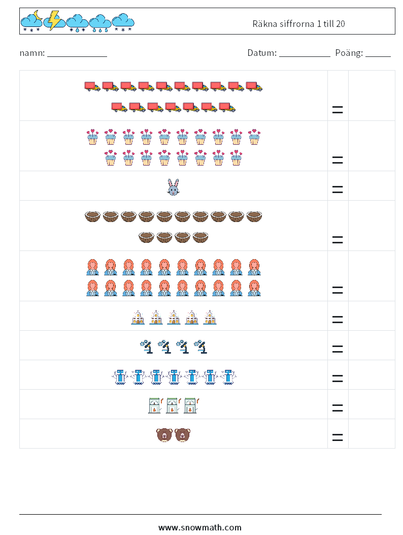 Räkna siffrorna 1 till 20 Matematiska arbetsblad 18