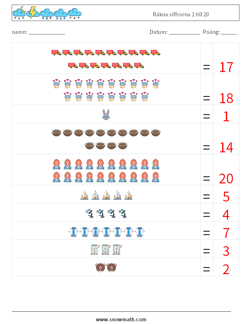 Räkna siffrorna 1 till 20 Matematiska arbetsblad 18 Fråga, svar