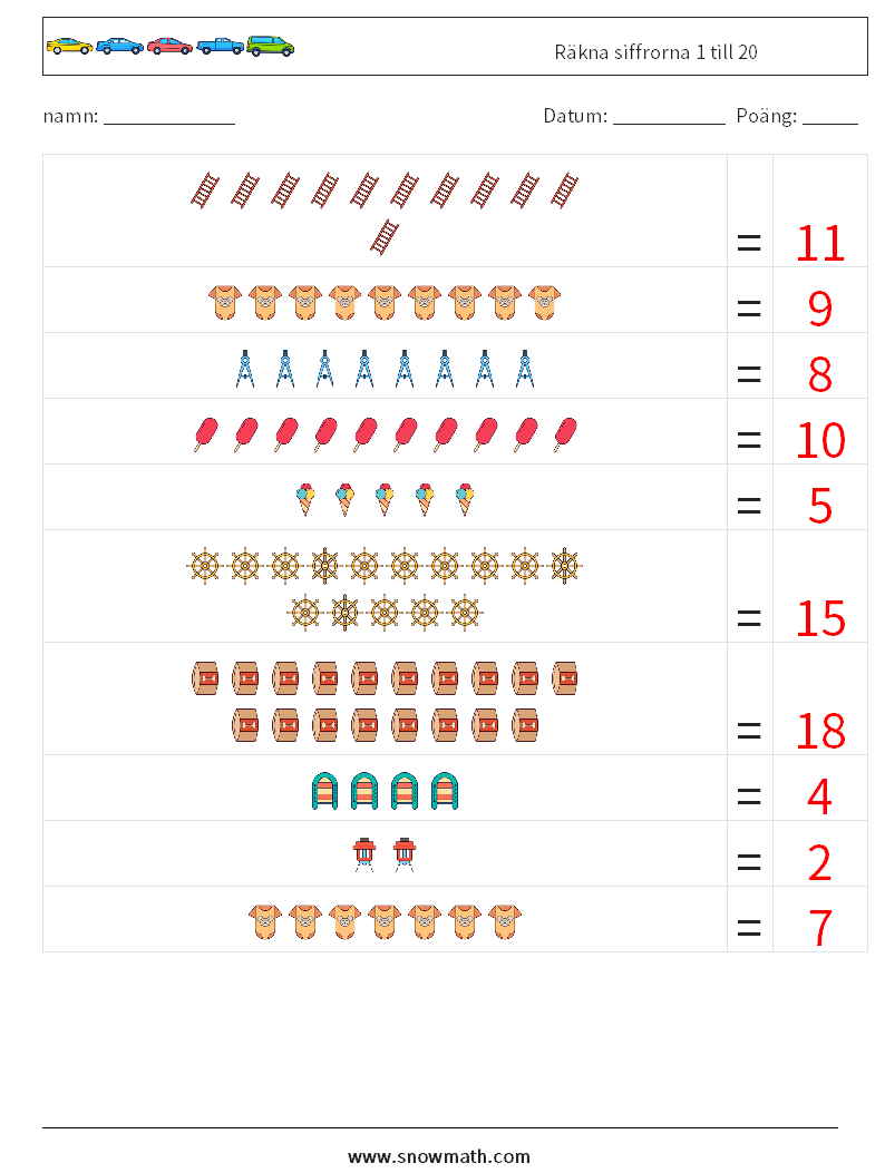 Räkna siffrorna 1 till 20 Matematiska arbetsblad 1 Fråga, svar