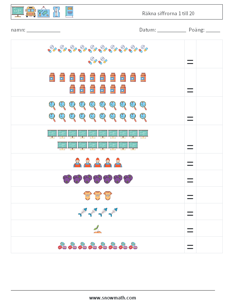 Räkna siffrorna 1 till 20 Matematiska arbetsblad 2