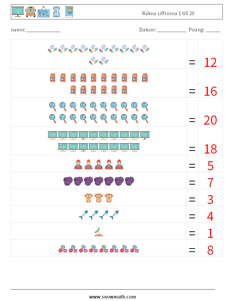 Räkna siffrorna 1 till 20 Matematiska arbetsblad 2 Fråga, svar