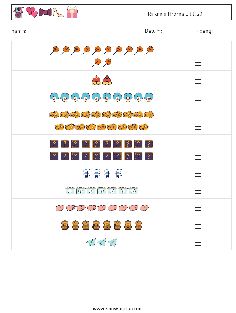 Räkna siffrorna 1 till 20 Matematiska arbetsblad 3
