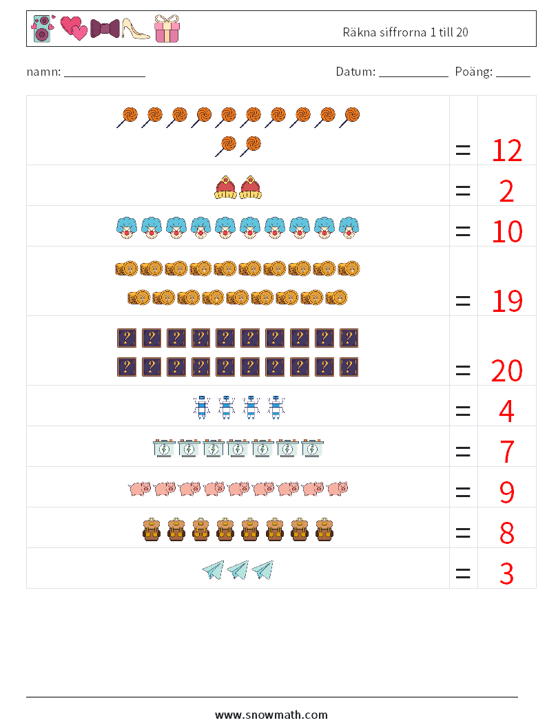 Räkna siffrorna 1 till 20 Matematiska arbetsblad 3 Fråga, svar