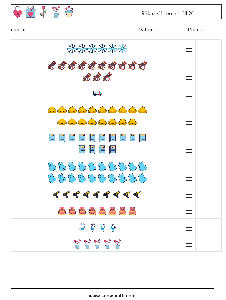 Räkna siffrorna 1 till 20 Matematiska arbetsblad 4