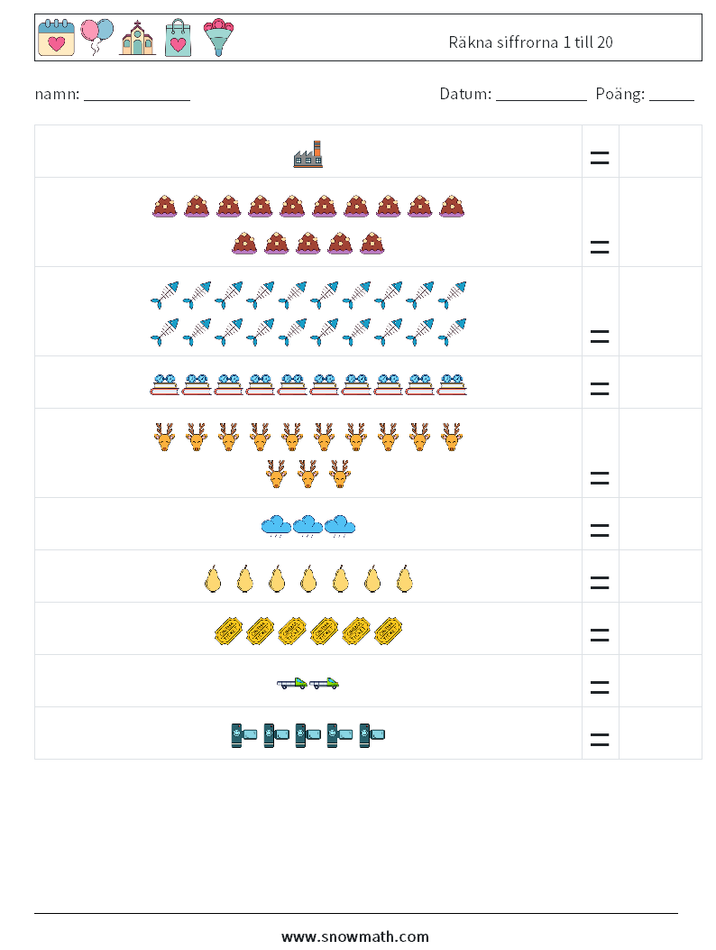 Räkna siffrorna 1 till 20 Matematiska arbetsblad 5