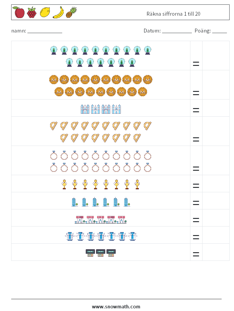 Räkna siffrorna 1 till 20 Matematiska arbetsblad 6