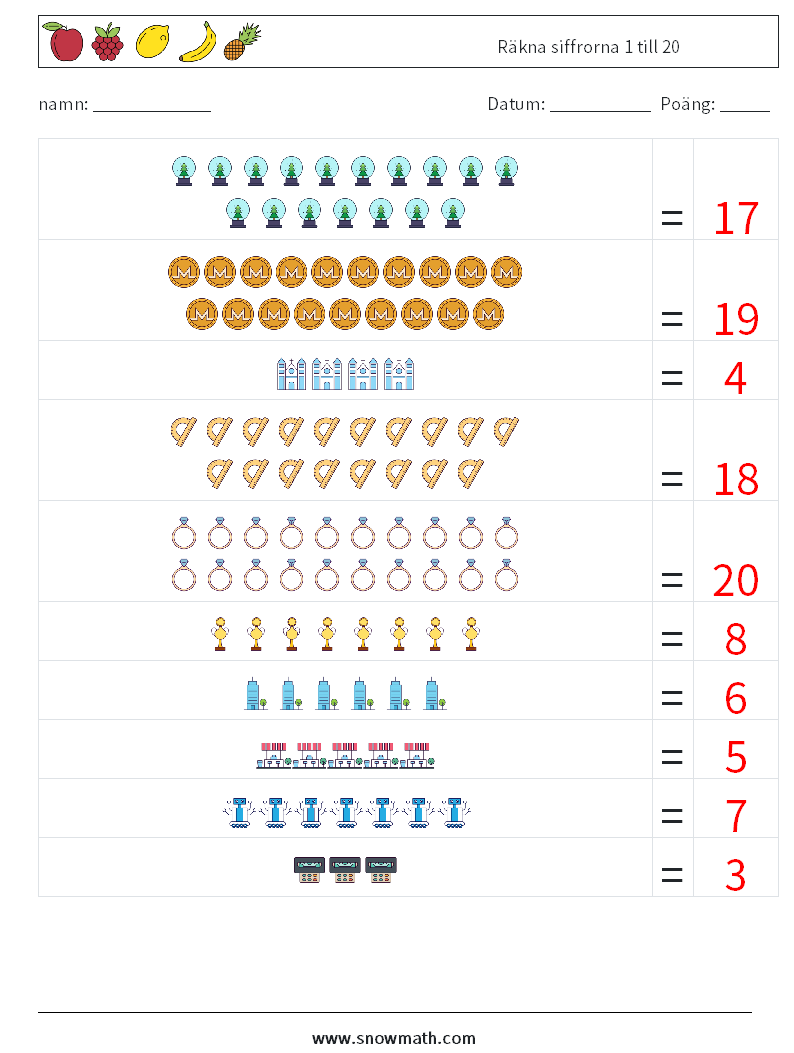 Räkna siffrorna 1 till 20 Matematiska arbetsblad 6 Fråga, svar