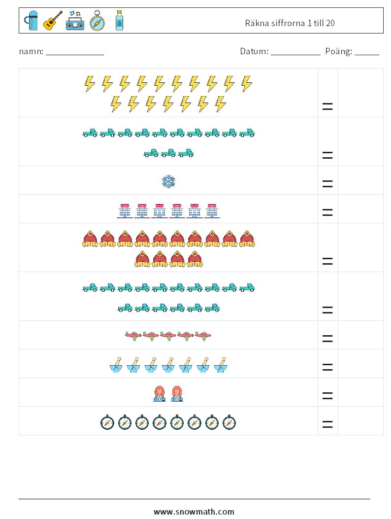 Räkna siffrorna 1 till 20 Matematiska arbetsblad 7