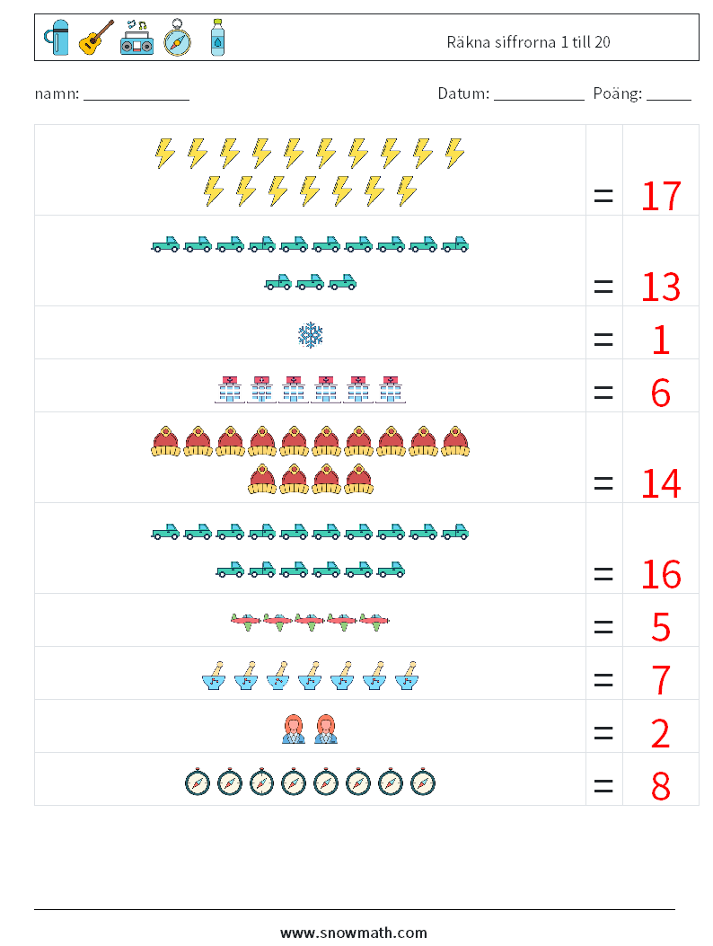 Räkna siffrorna 1 till 20 Matematiska arbetsblad 7 Fråga, svar