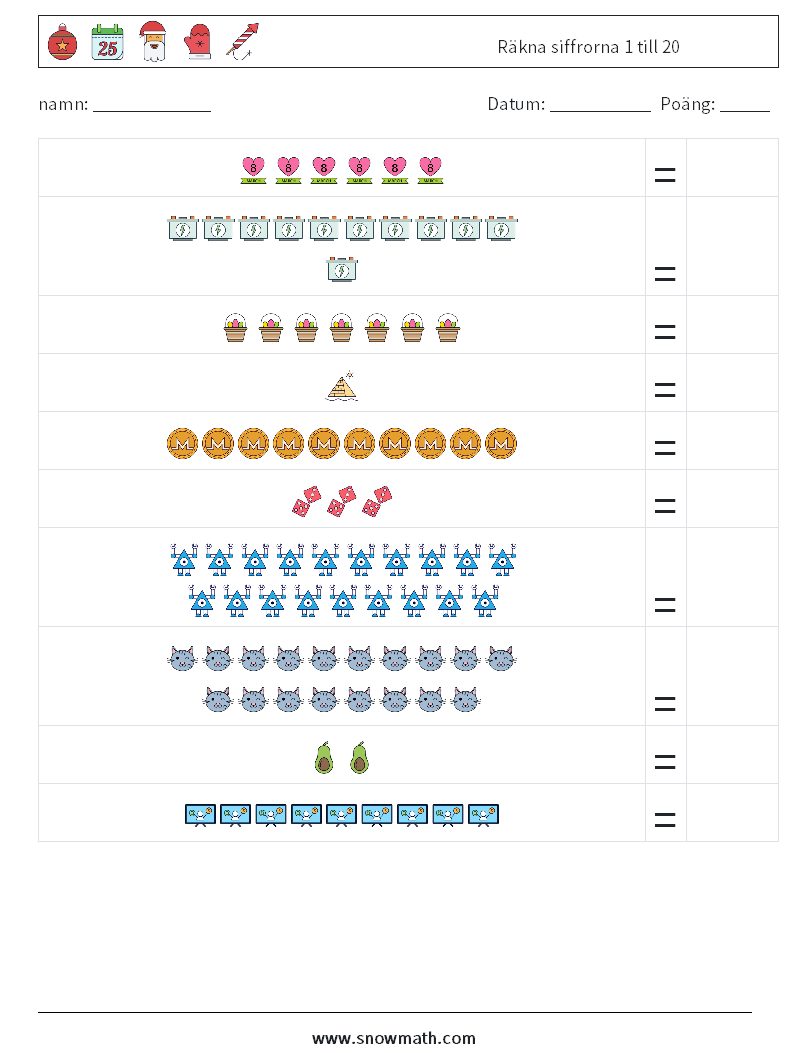 Räkna siffrorna 1 till 20 Matematiska arbetsblad 8