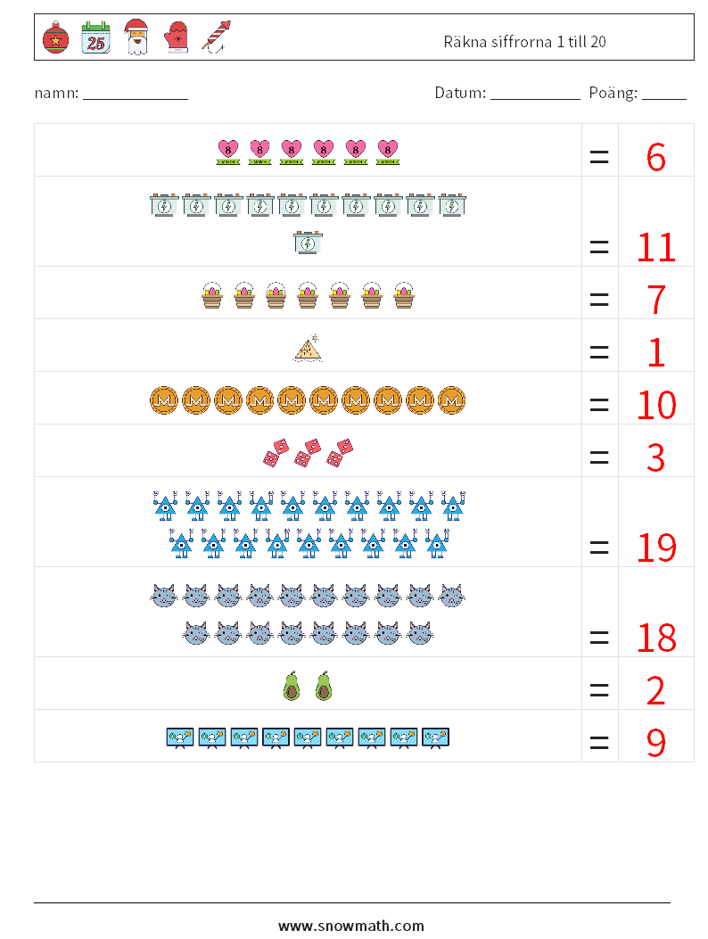 Räkna siffrorna 1 till 20 Matematiska arbetsblad 8 Fråga, svar