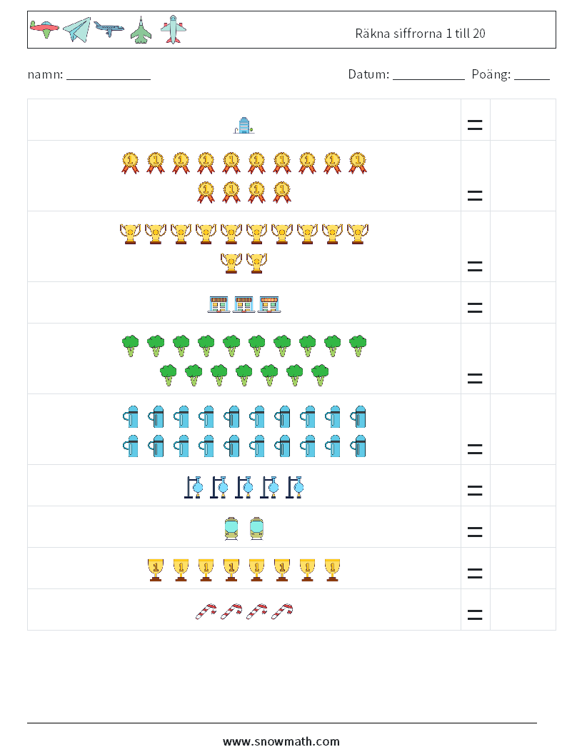 Räkna siffrorna 1 till 20 Matematiska arbetsblad 9