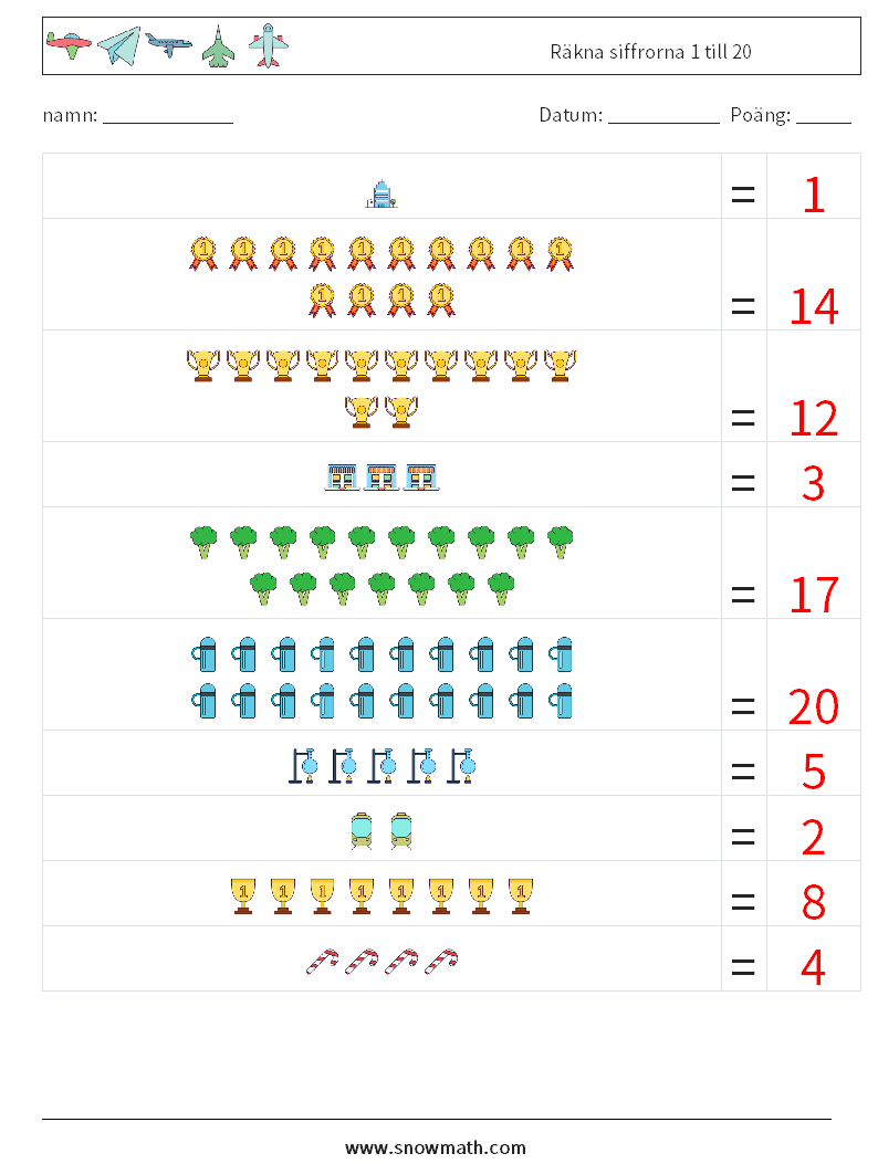 Räkna siffrorna 1 till 20 Matematiska arbetsblad 9 Fråga, svar