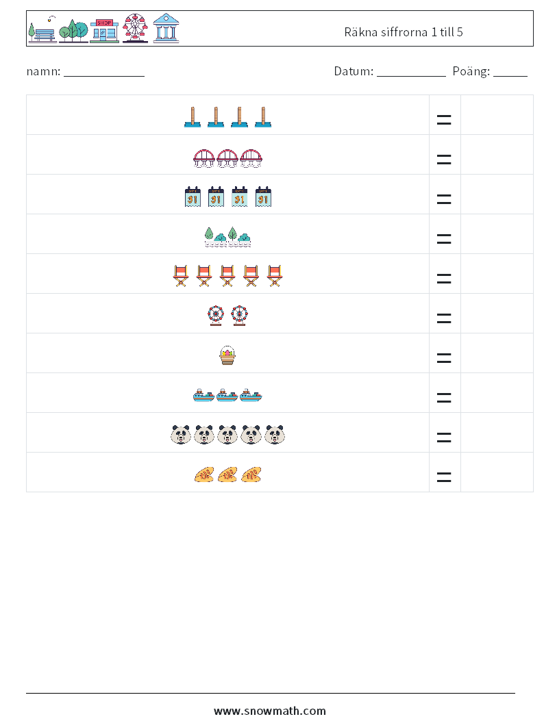 Räkna siffrorna 1 till 5 Matematiska arbetsblad 1
