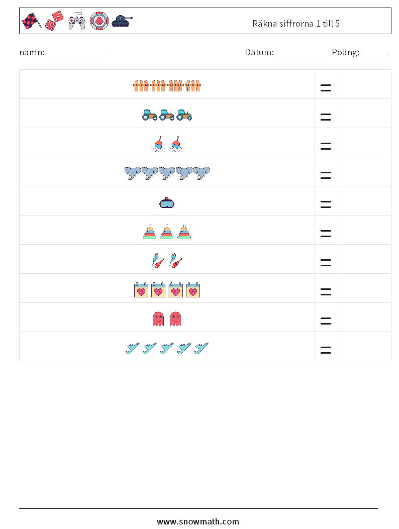 Räkna siffrorna 1 till 5 Matematiska arbetsblad 16