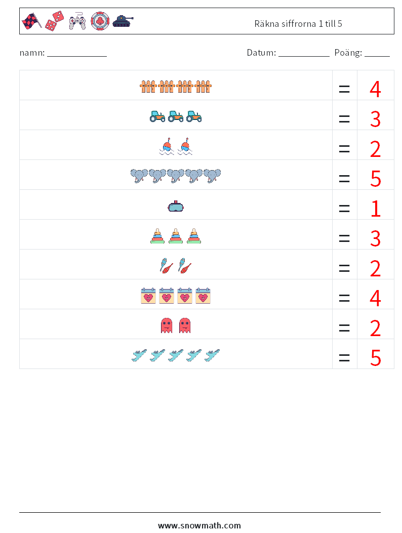 Räkna siffrorna 1 till 5 Matematiska arbetsblad 16 Fråga, svar