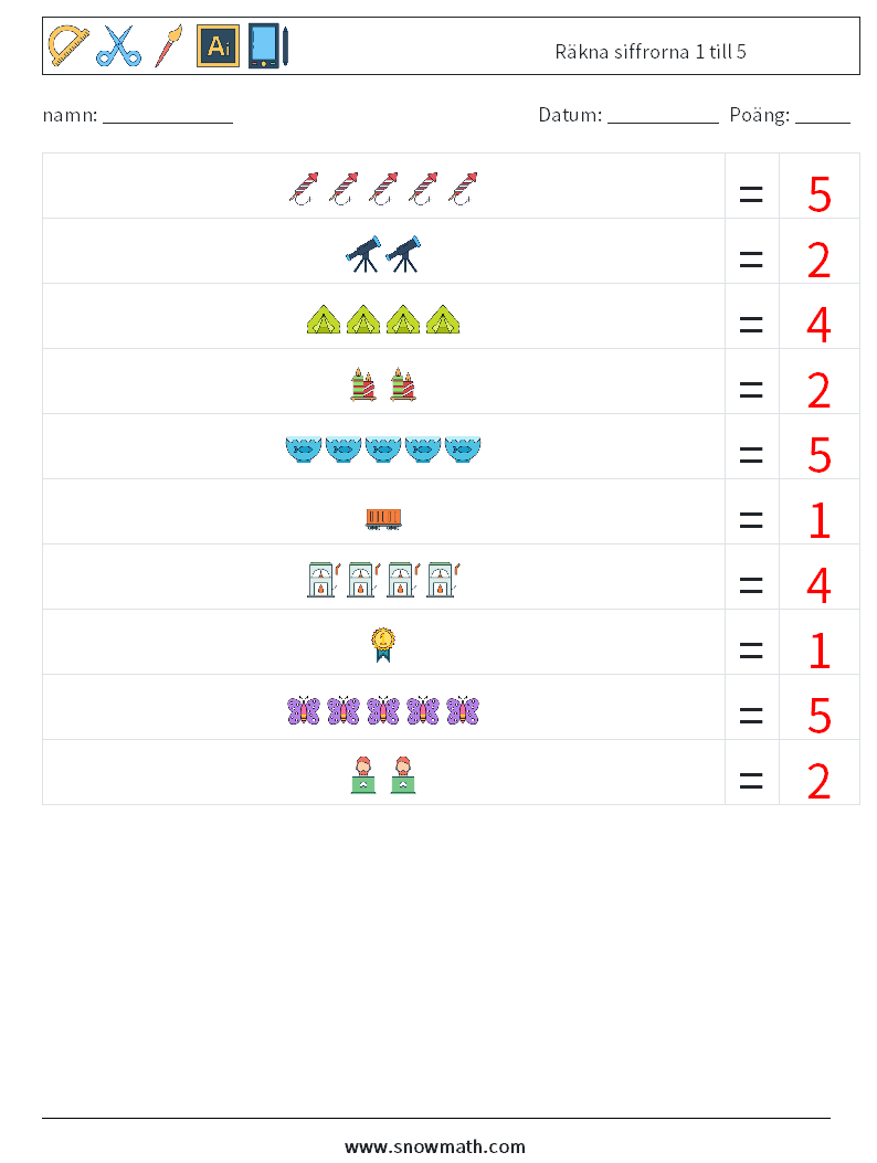 Räkna siffrorna 1 till 5 Matematiska arbetsblad 2 Fråga, svar