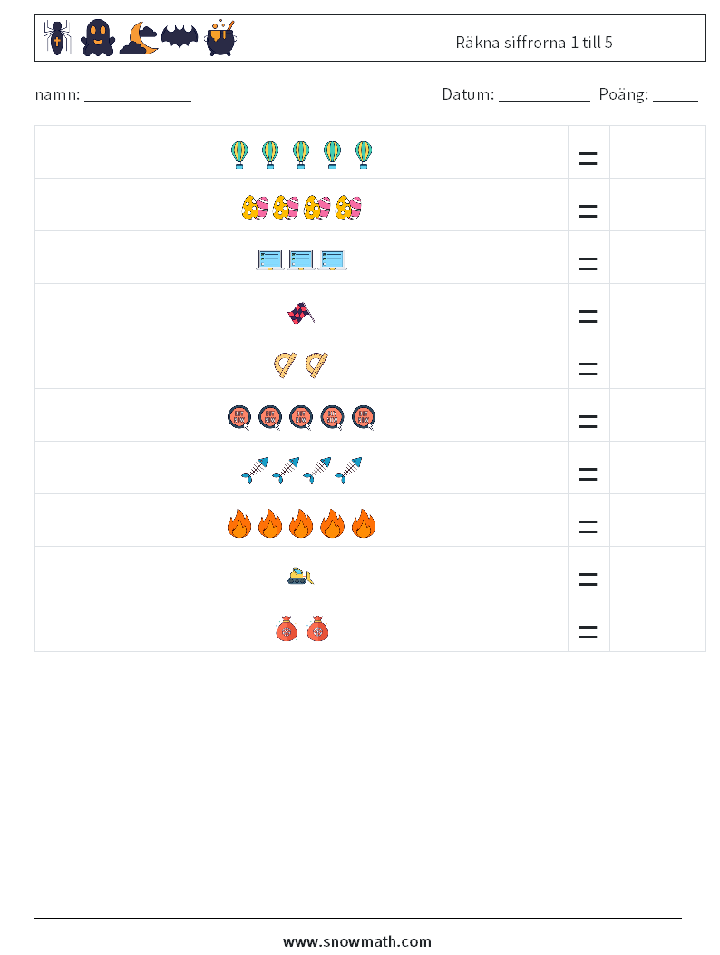 Räkna siffrorna 1 till 5 Matematiska arbetsblad 3