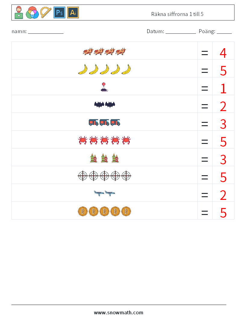 Räkna siffrorna 1 till 5 Matematiska arbetsblad 4 Fråga, svar